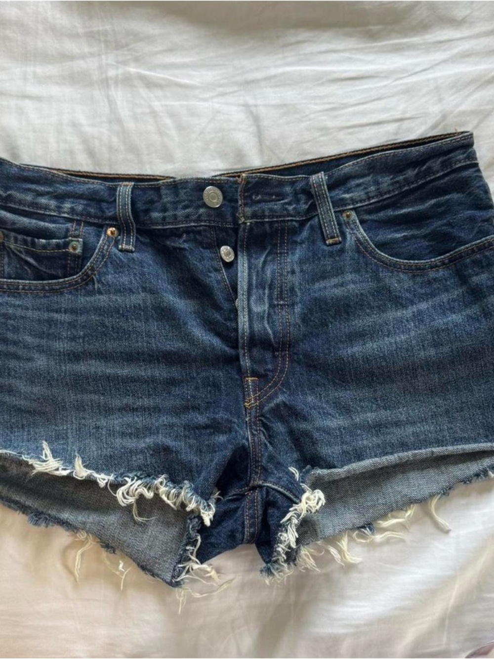 Levi's 501 Dark Blue Frayed Hem Denim Shorts